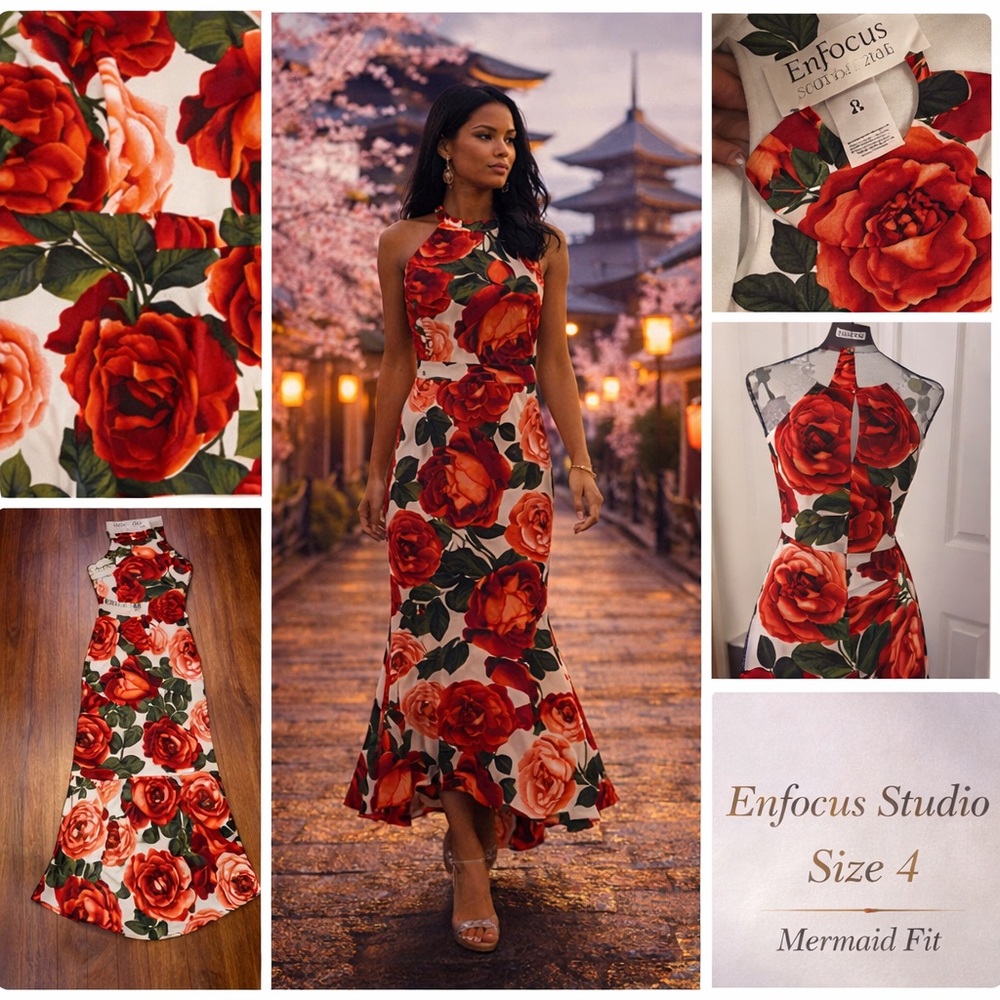 Enfocus Studio Floral Halter Maxi Dress Size 4 Red Roses Mermaid Style - Picture 2 of 10